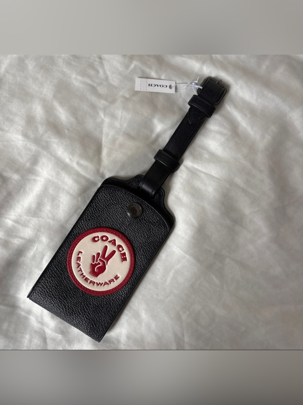 NWT Coach Black Leather Luggage Tag with Red & White Patch